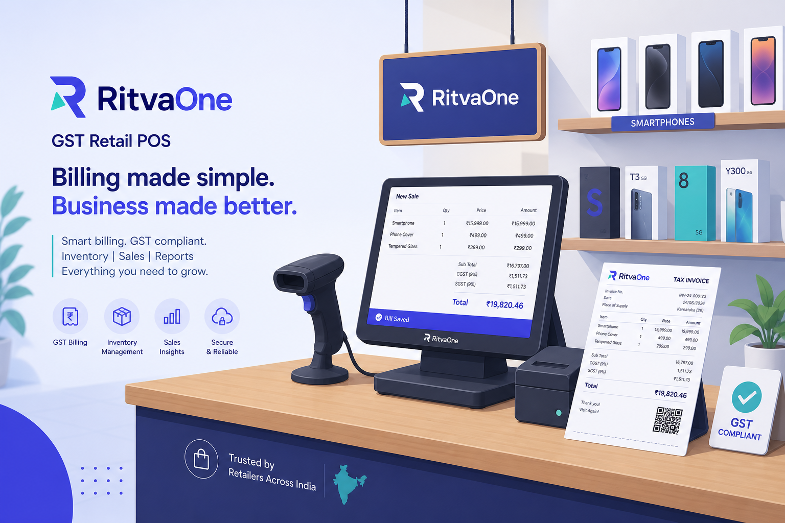 Illustrated RitvaOne shop counter with POS, GST invoice, and phones on the shelf